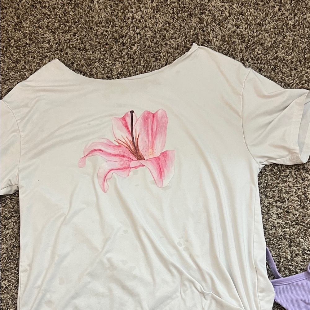 Amazon White Tee with Pink Floral Design off the shoulder